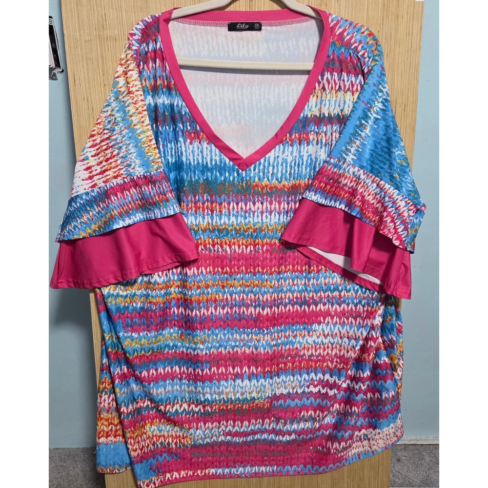 Lily by Firmiana Women Plus 4XL Pink Blue Chevron Ruffle Sleeve V-Neck Tunic Top